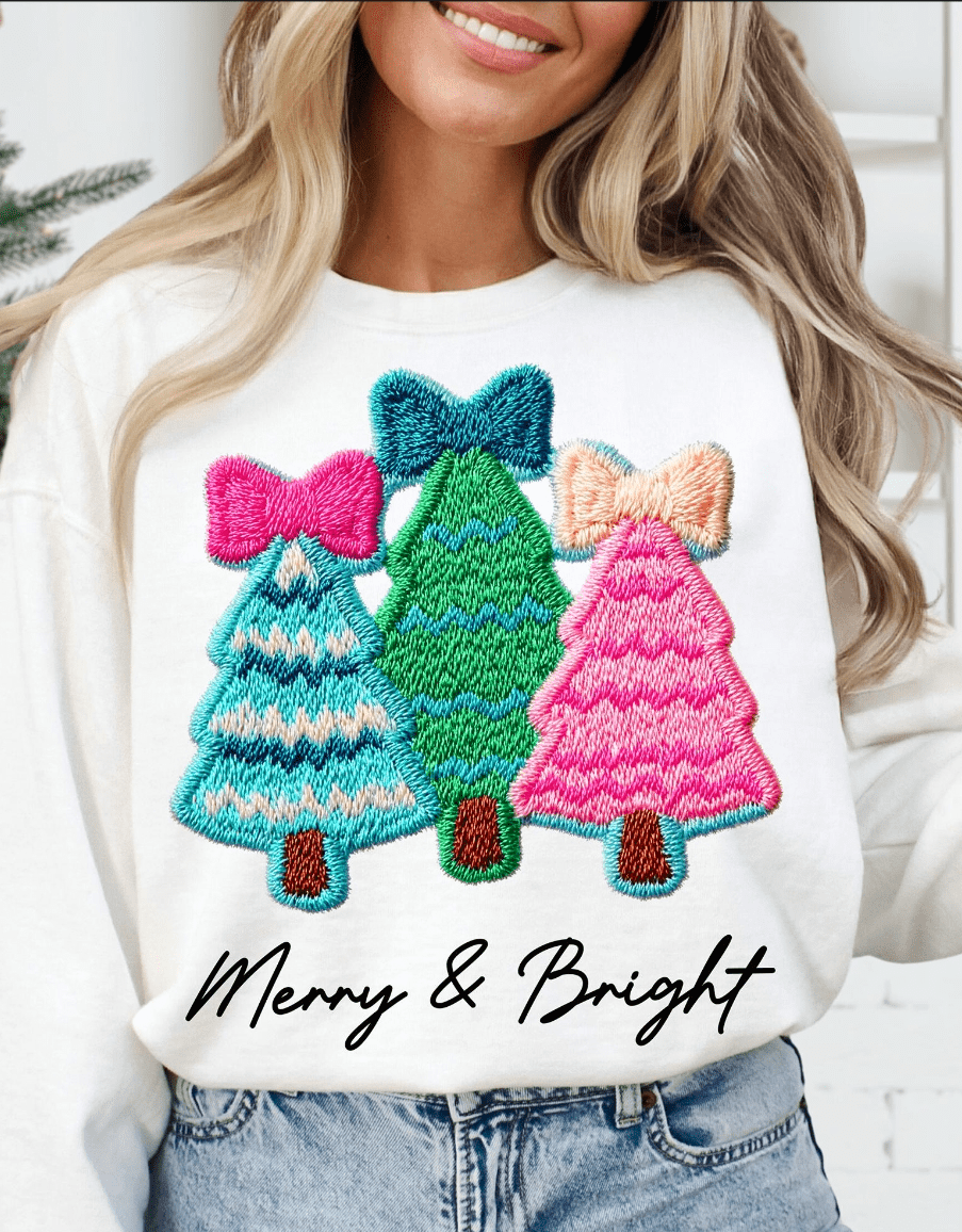 Merry & Bright faux embroidery Graphic Apparel