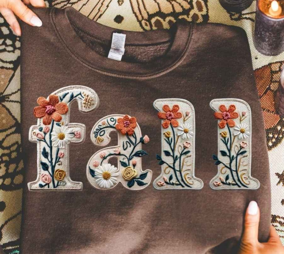 Fall Faux Embroidered Graphic Apparel