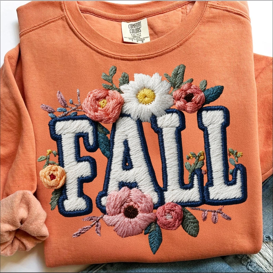 Faux Embroidery Fall Graphic Apparel