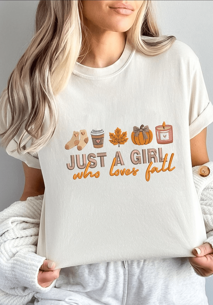 Girl Who Loves Fall Faux Embroidered Graphic Apparel