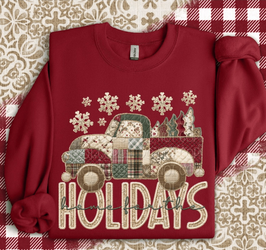 Home For The Holidays Faux Embroidery Graphic Apparel