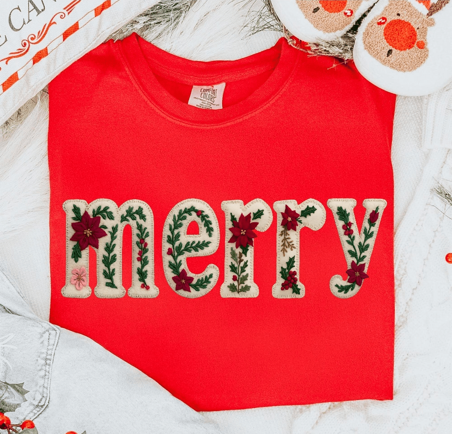 Merry Faux Embroidery Graphic Apparel