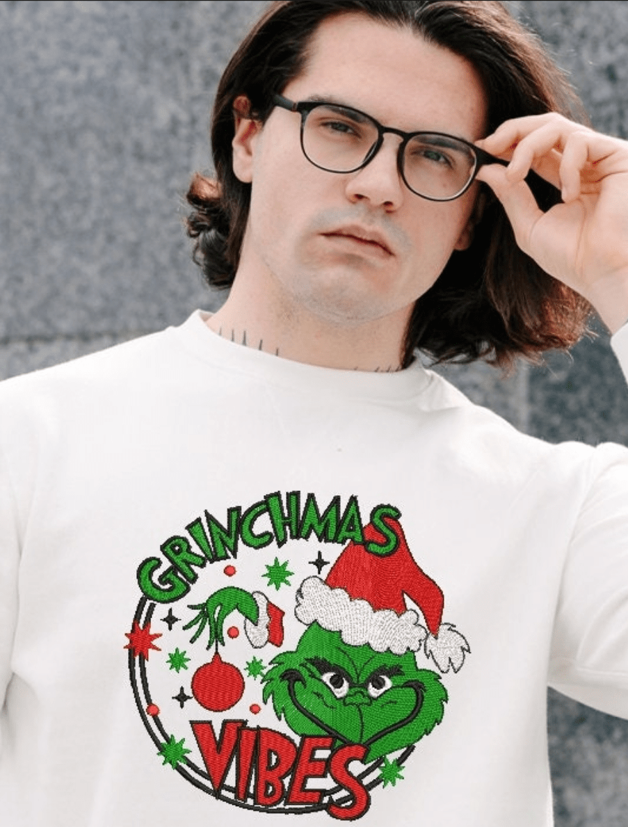 Grinchmas Vibes Faux Embroidery Graphic Apparel