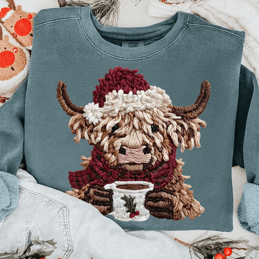 Cows & Coffee Faux yarn Graphic Apparel