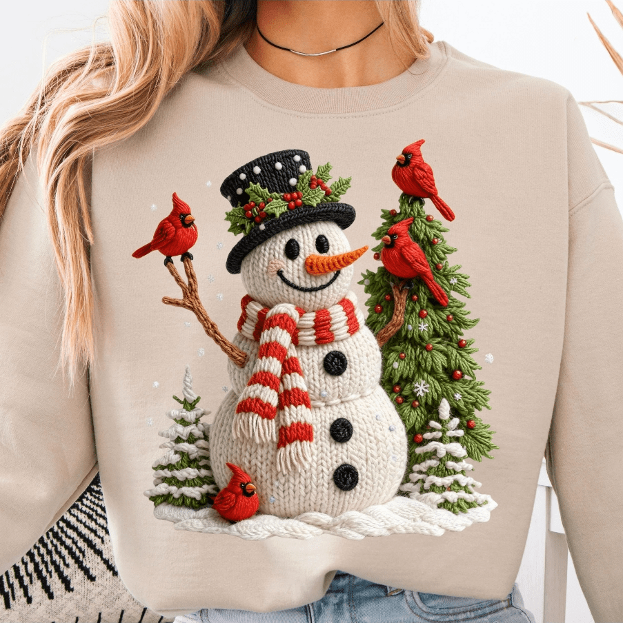 Snowman & Cardinals Faux yarn Graphic Apparel