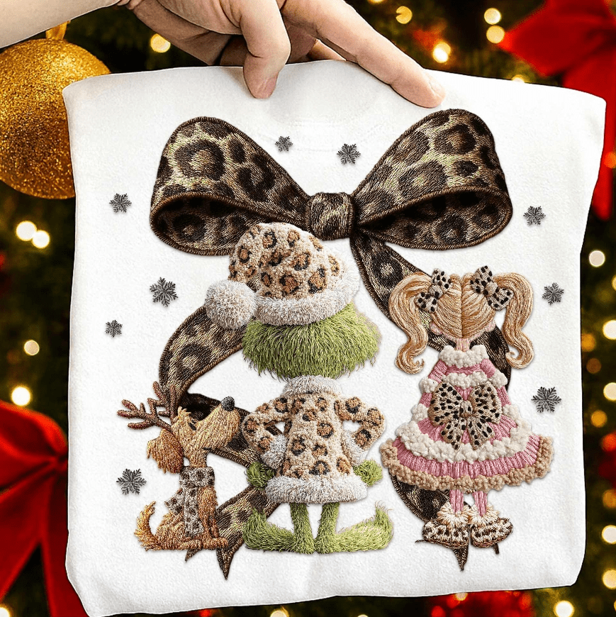 Leopard Christmas Bow Faux latch hook Graphic Apparel