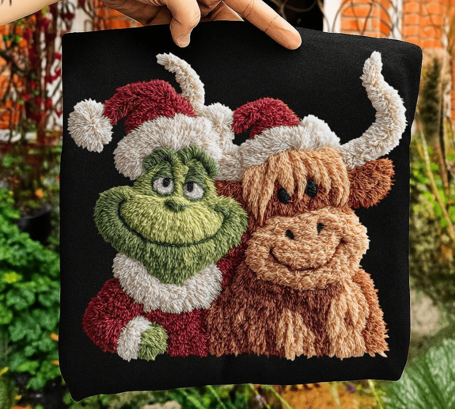 Highland Cow & Friend Faux latch hook Graphic Apparel