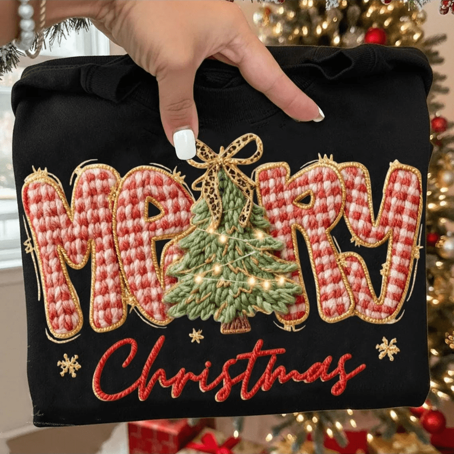 Merry Christmas faux Embroidery Graphic Apparel