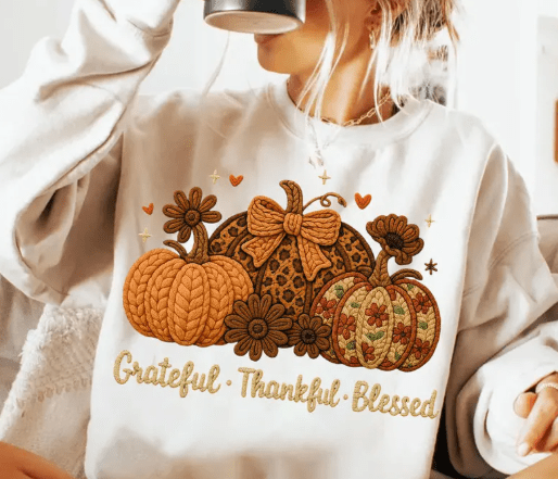 Grateful Thankful Blessed faux embroidery Graphic Apparel
