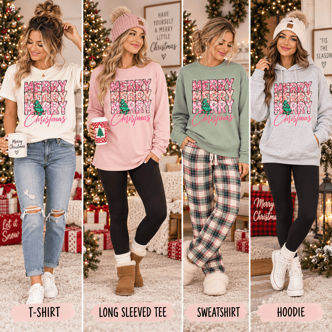 Merry Christmas Stacked Faux Sparkle Graphic Apparel