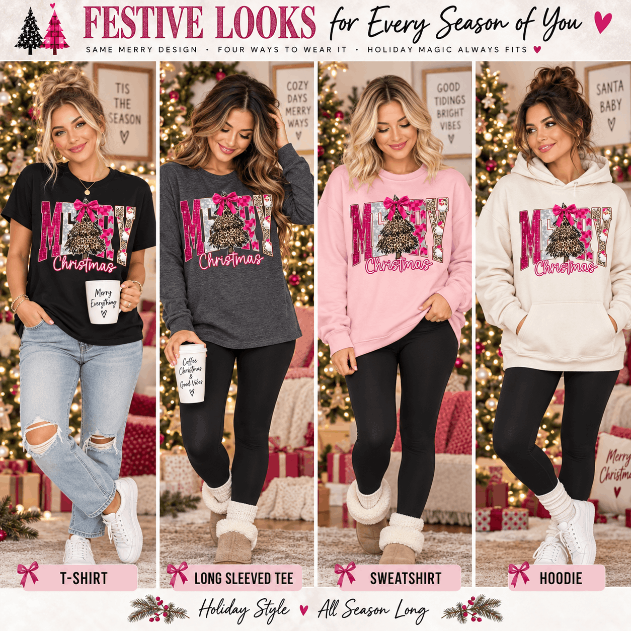 Merry Christmas Leopard Pink Faux Sparkle Graphic Apparel