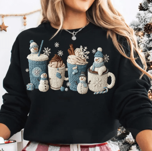 Snowman & Coffee faux latch hook Graphic Apparel