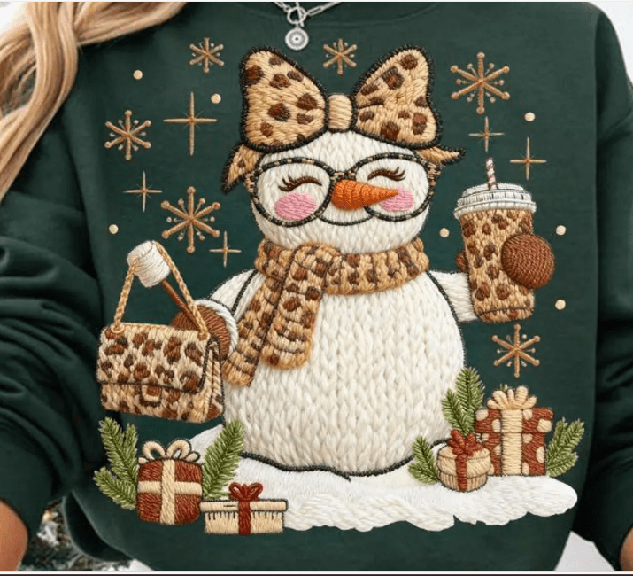 Leopard Snowman Coffee faux latch hook Graphic Apparel