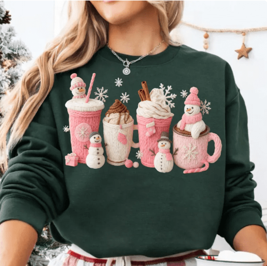 Pink Christmas & Coffee faux latch hook Graphic Apparel