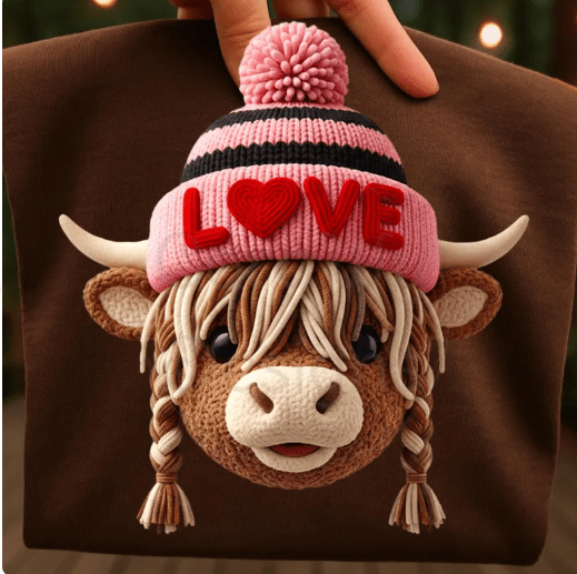Highland Cow Love faux crochet Graphic Apparel