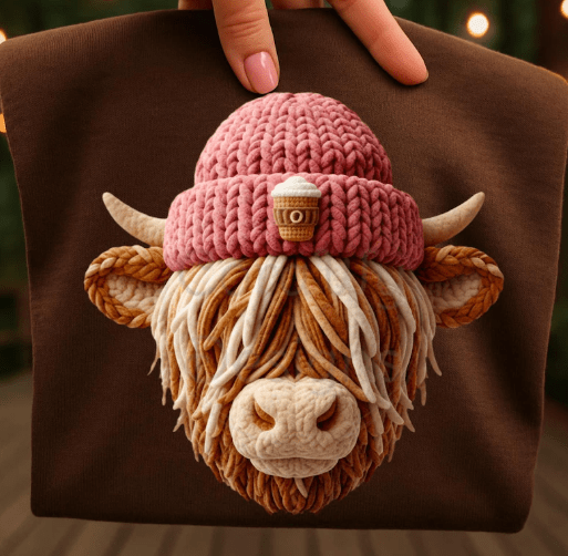 Highland Pink Coffee faux crochet Graphic Apparel