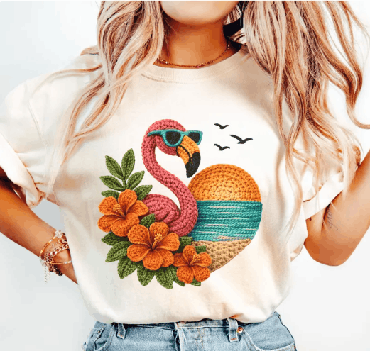 Flamingo Beach Faux Crochet Graphic Apparel