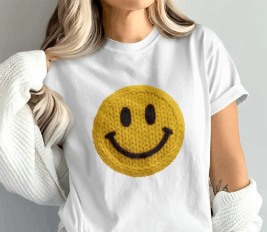 Smiley Face Faux Crochet Graphic Apparel