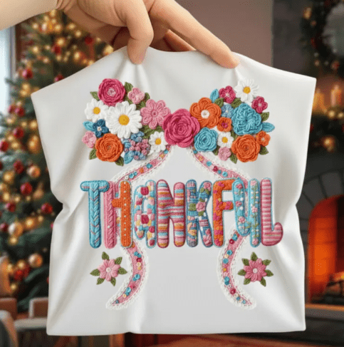 Thankful faux embroidery Flower Bows Graphic Apparel