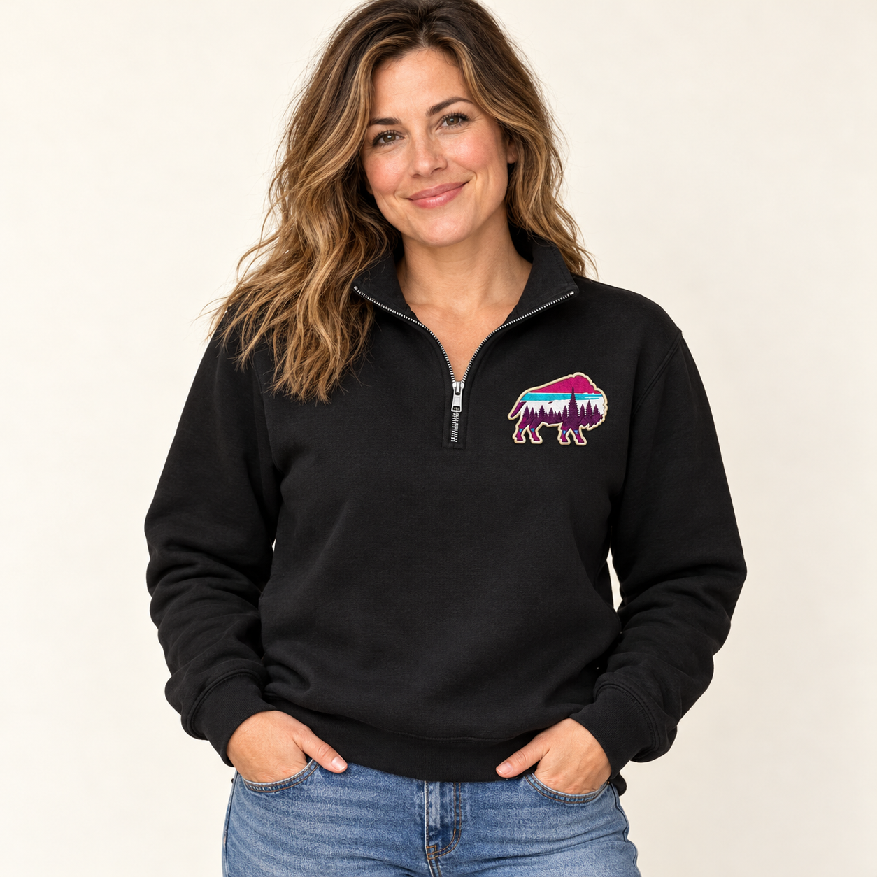 Buffagonia Berry Ridge Quarter-Zip modeled product mockup