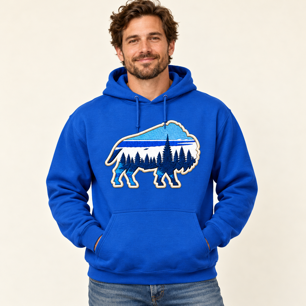 Buffagonia Glacier Hoodie modeled product mockup