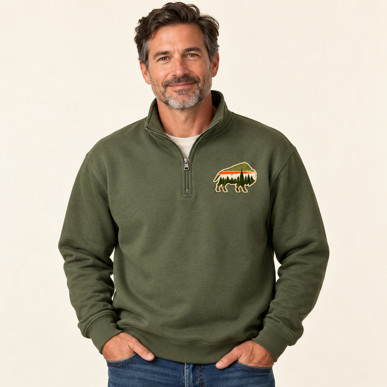 Buffagonia Trailhead Quarter-Zip modeled product mockup