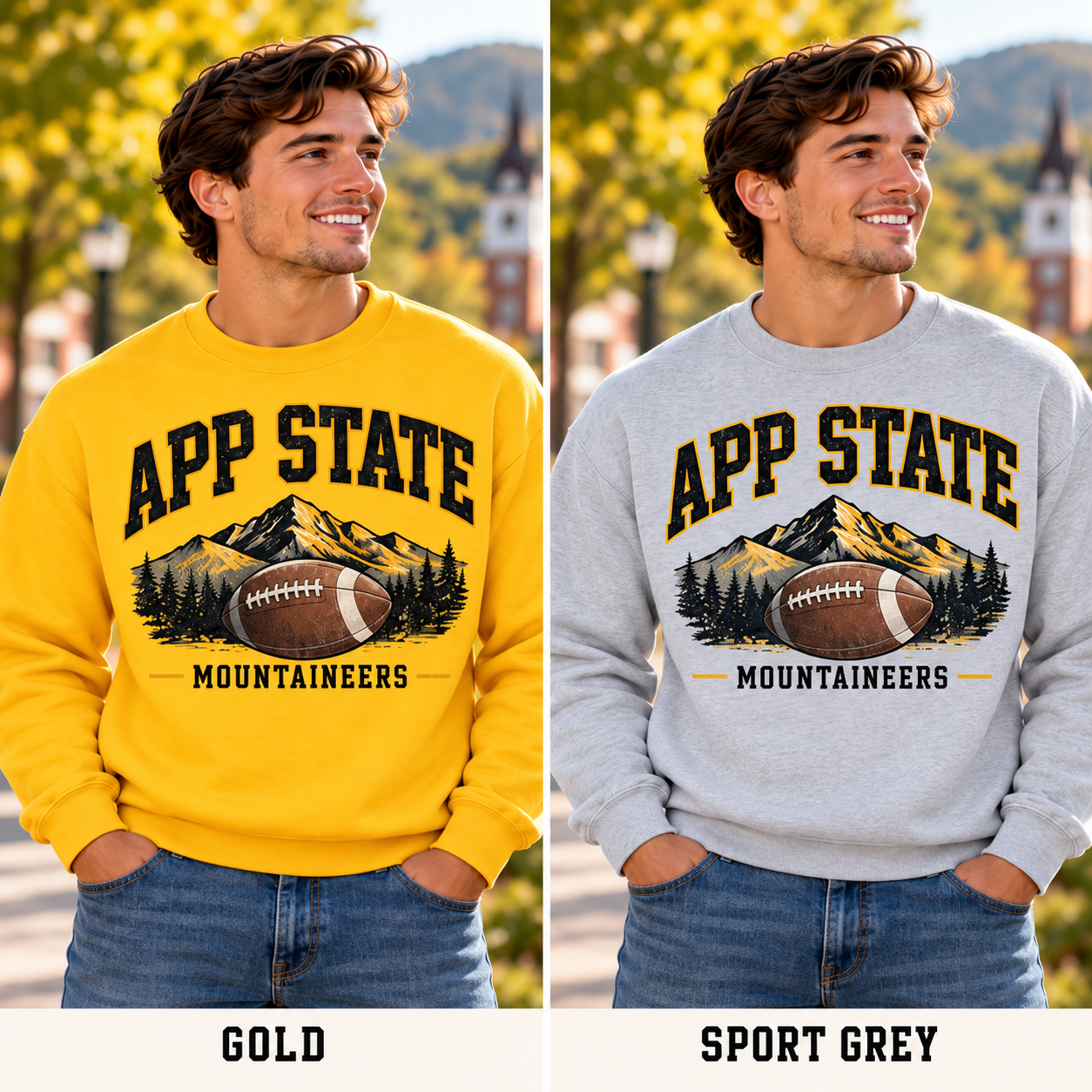 App State crewneck modeled in Gold and Sport Grey
