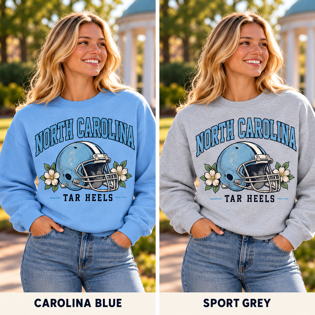 North Carolina Tar Heels Helmet Football Crewneck modeled in Carolina Blue and Sport Grey