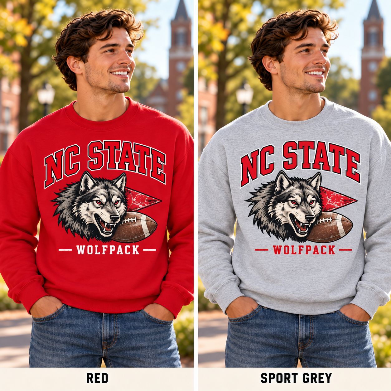 NC State Wolfpack Vintage Football Crewneck modeled in Red and Sport Grey