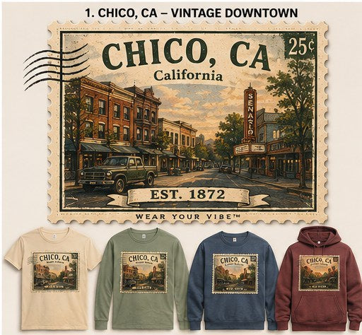 KFO SYT-Chico — Item #1909 — Vintage Chico, CA Apparel Stamp Collection - look 1