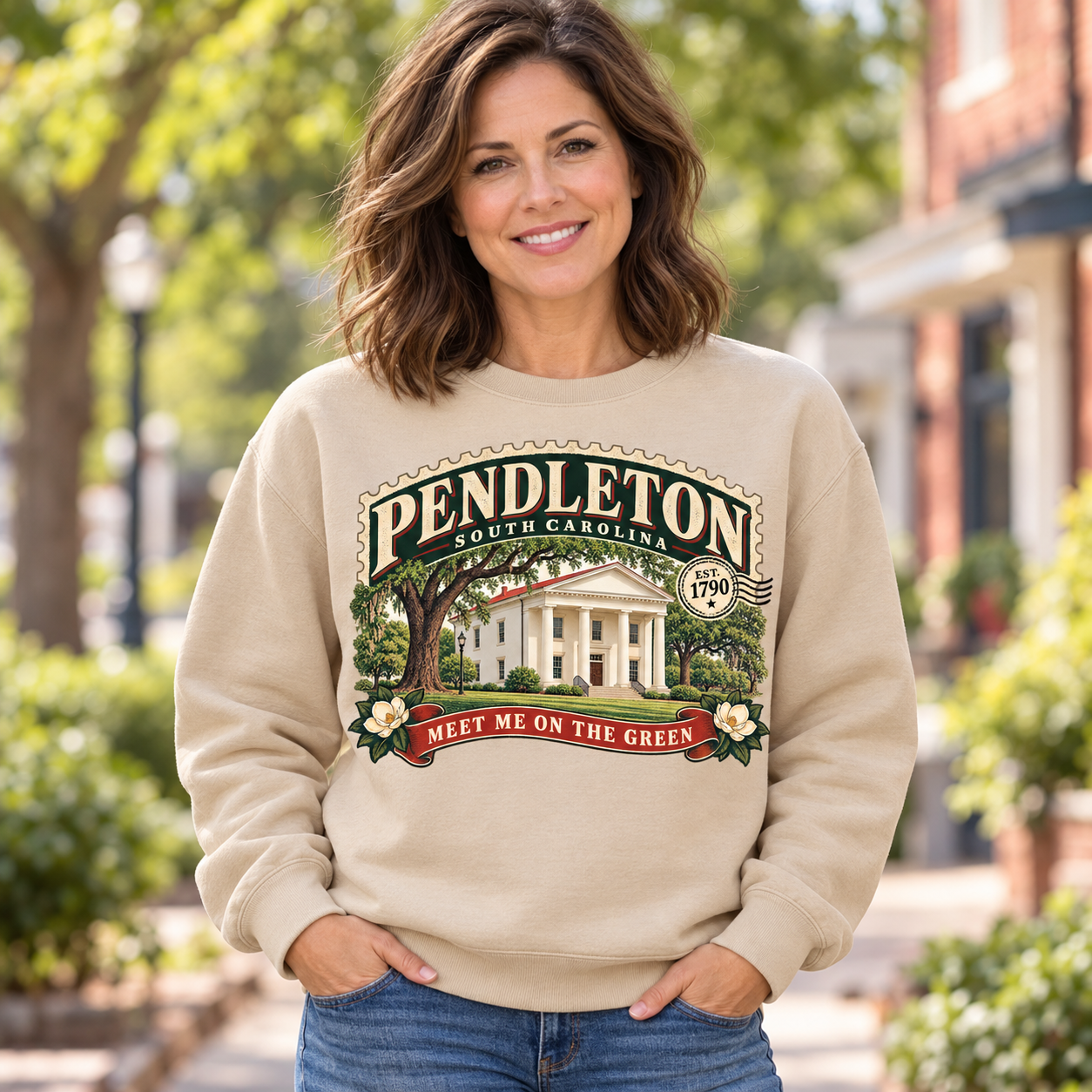 Modeled Pendleton vintage stamp crewneck in Sand