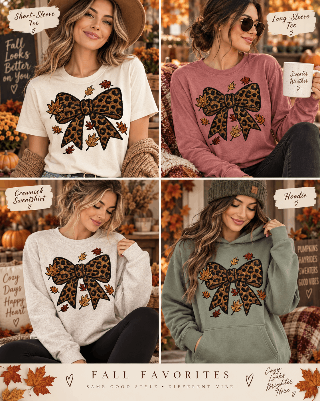 Leopard Fall Bow Faux Crochet Graphic Apparel
