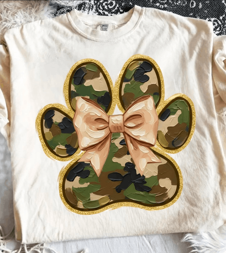 Camouflage Paw Print Bow Graphic Apparel
