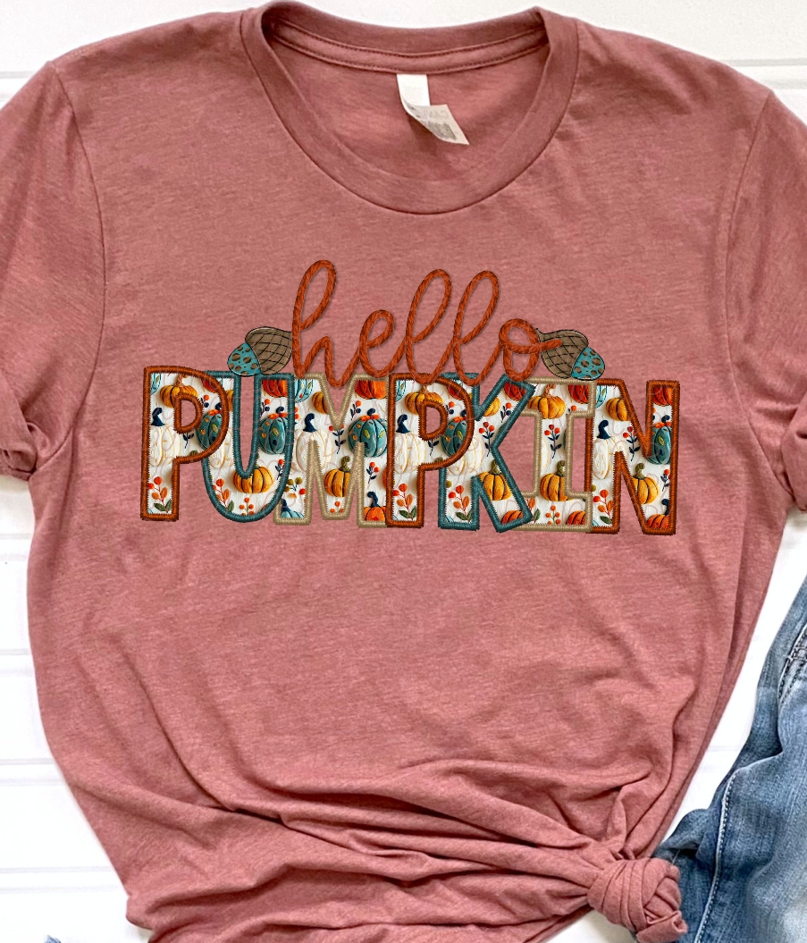 Hello Pumpkin faux embroidery Graphic Apparel