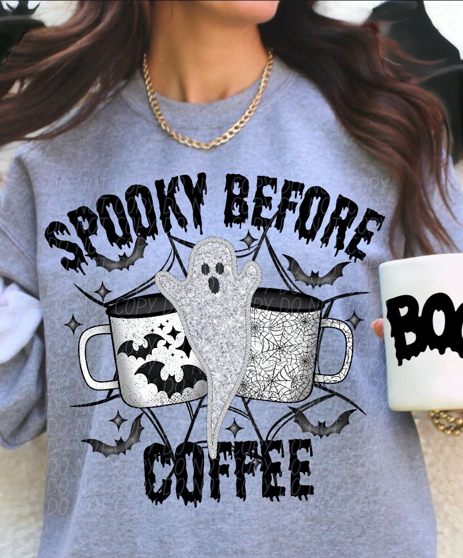 Spooky Before Coffee faux embroidery Graphic Apparel