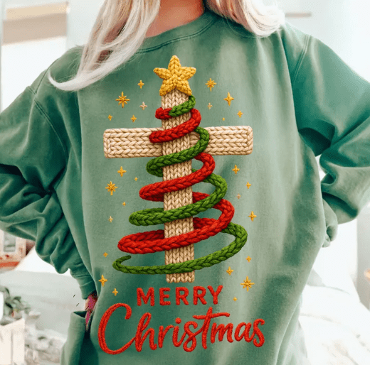 Merry Christmas Cross faux latch hook Graphic Apparel