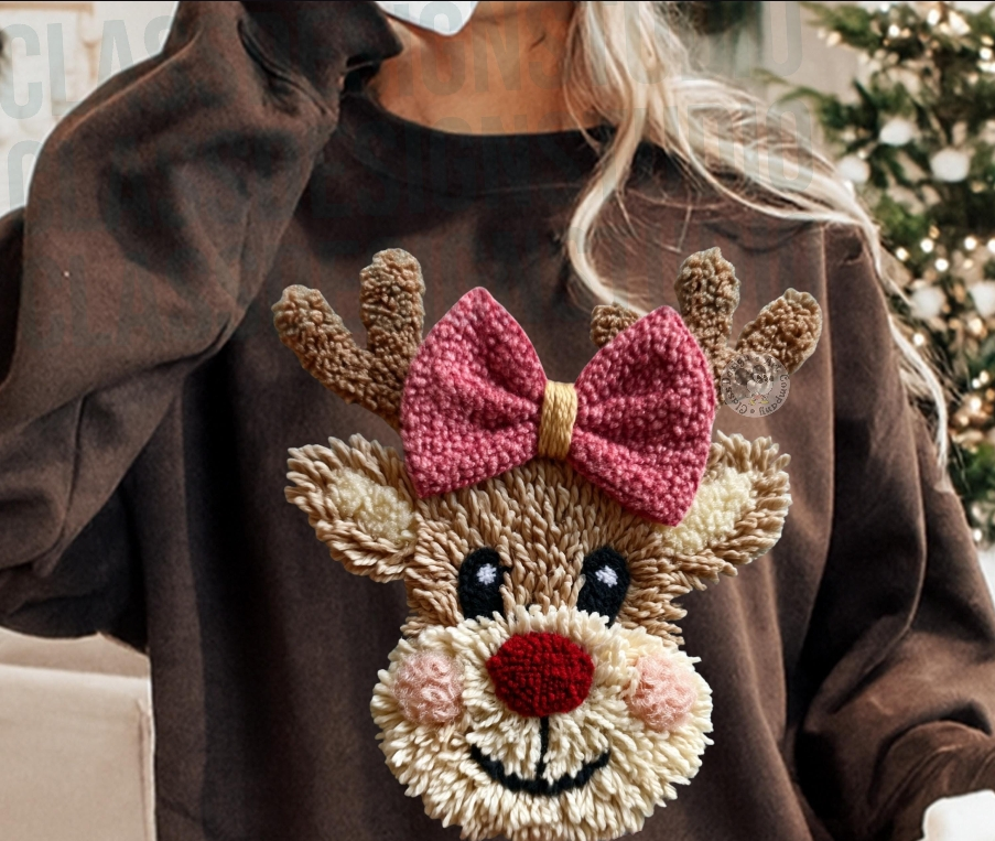 Cutesy Reindeer faux latch hook Graphic Apparel