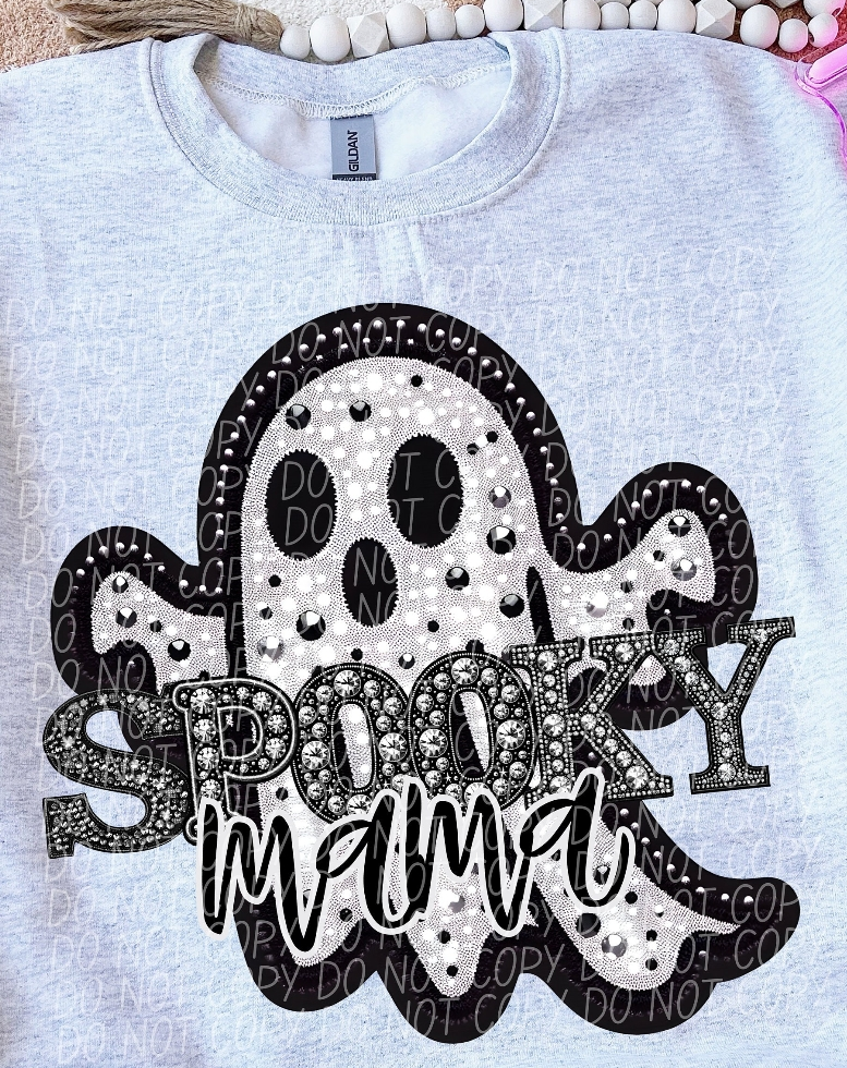 Spooky Mama Ghost faux embroidery Graphic Apparel