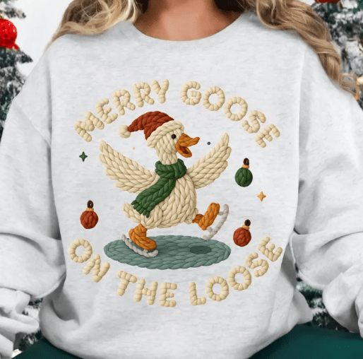 Merry Goose faux latch hook Christmas Graphic Apparel