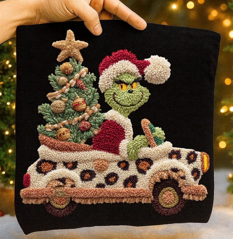 Leopard Christmas Car. Latch hook Graphic Apparel