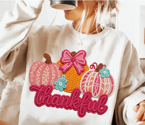 Thankful Pink faux embroidery Graphic Apparel