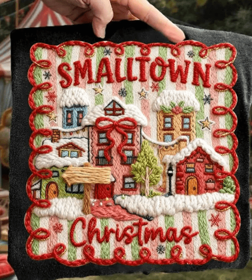 Fun Small Town Christmas faux Latch Hook Graphic Apparel